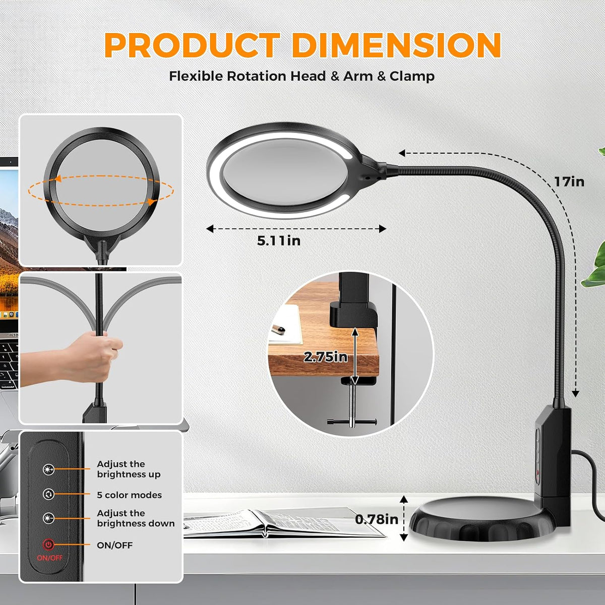 15X Magnifying Glass with Light and Stand, 5-Color & 10 Lightness Level
