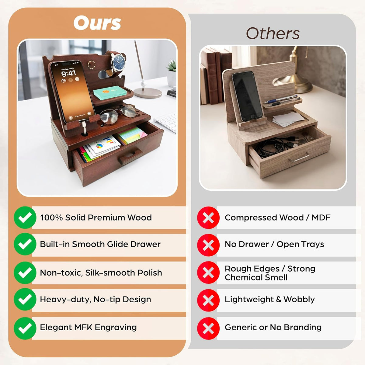 Bourbon Brown Wood Nightstand Organizer Docking Station Key, Wallet & Watch