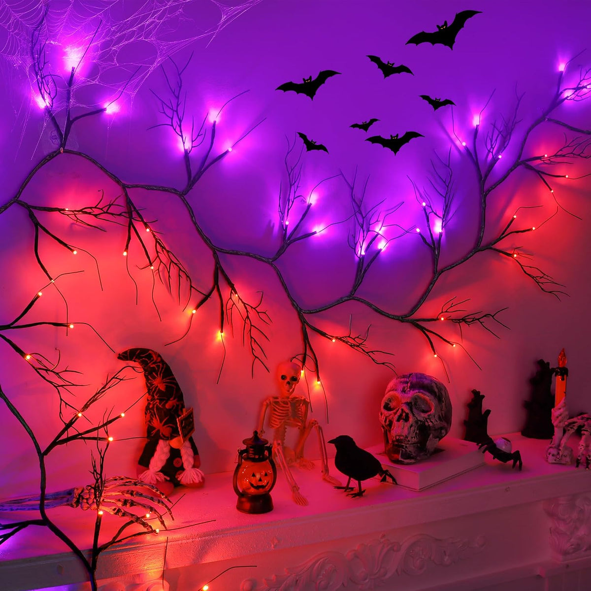 9 FT Halloween Lighted Twig Garland Decorations, 72 LED Orange Purple Lights ...