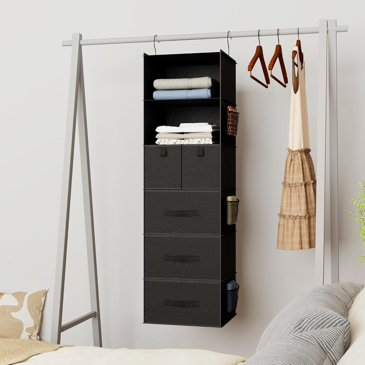 6-Shelf Hanging Closet Organizer with 5 Drawers, Non-Woven Storage, Black