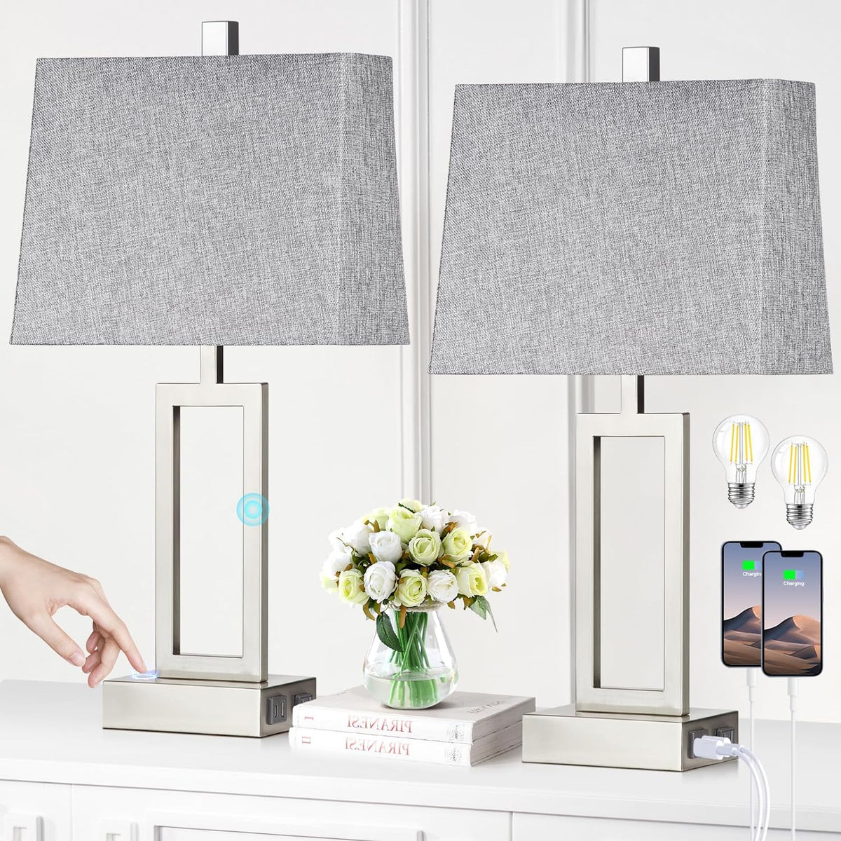 Rinweey 23.5" Touch Control Table Lamps Set of 2, Modern Silver Bedside ...
