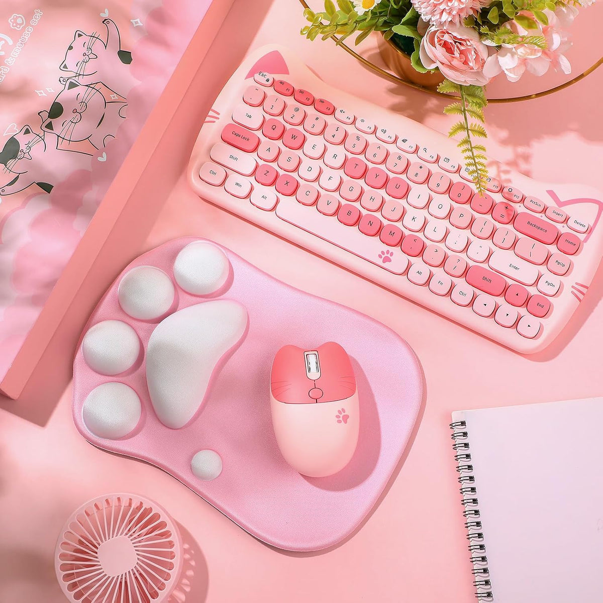 3 Pcs Cute Cat Keyboard and Mouse Combo, USB Wireless with Cat Paw Mouse Pad,...