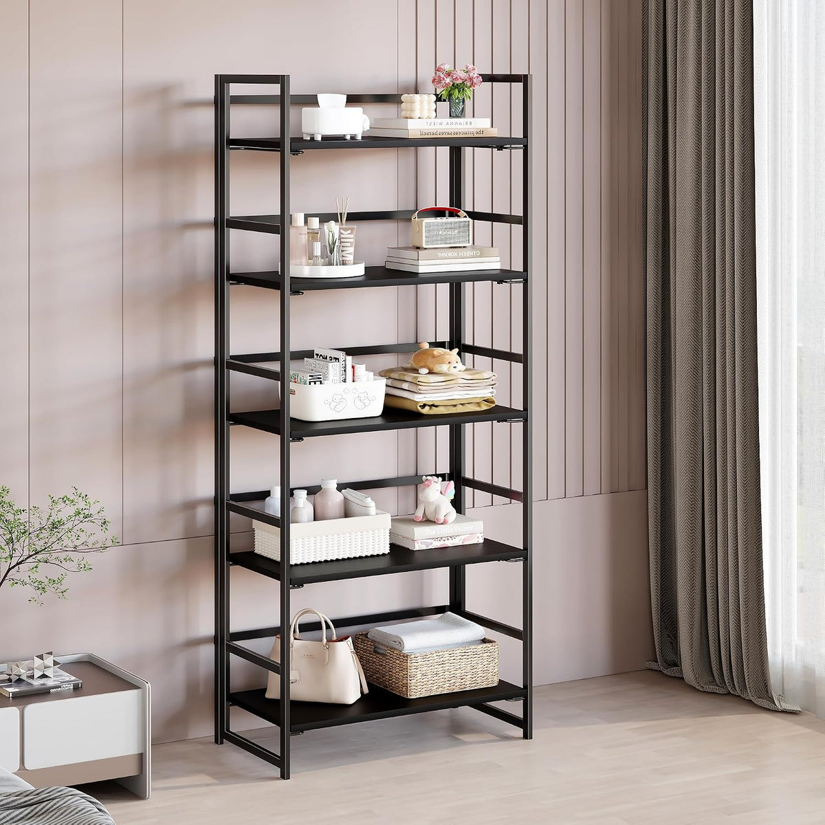 BHG Vintage Multifunctional Folding Bookshelf, No-Assembly Plant Stand Storag...