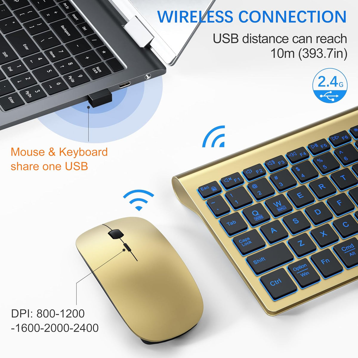 Wireless Backlit Keyboard and Mouse Ultra Slim Combo, TopMate - Gold Black