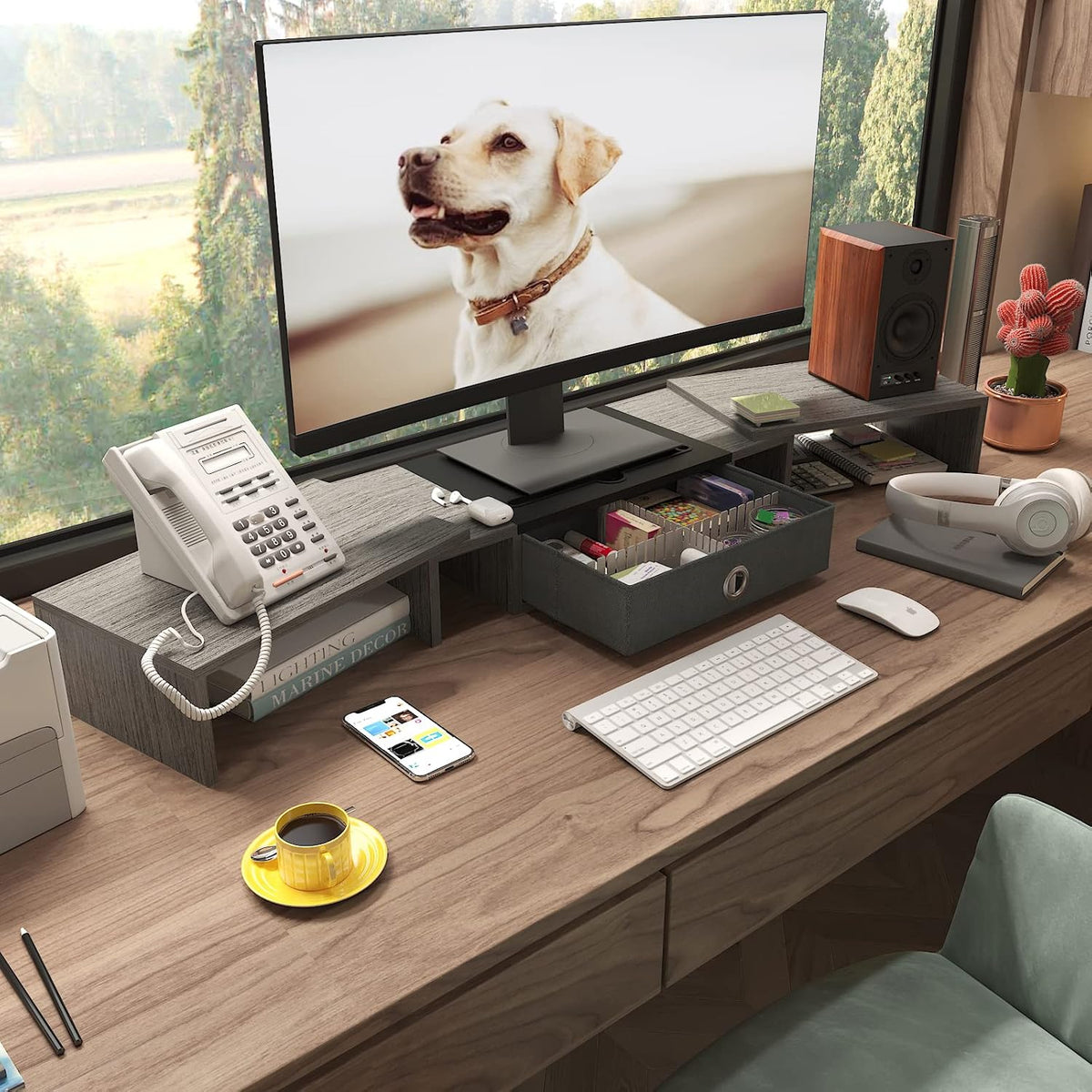 WESTREE Triple Dual Monitor Stand Riser with Drawer,Extra Large Adjustable fo...