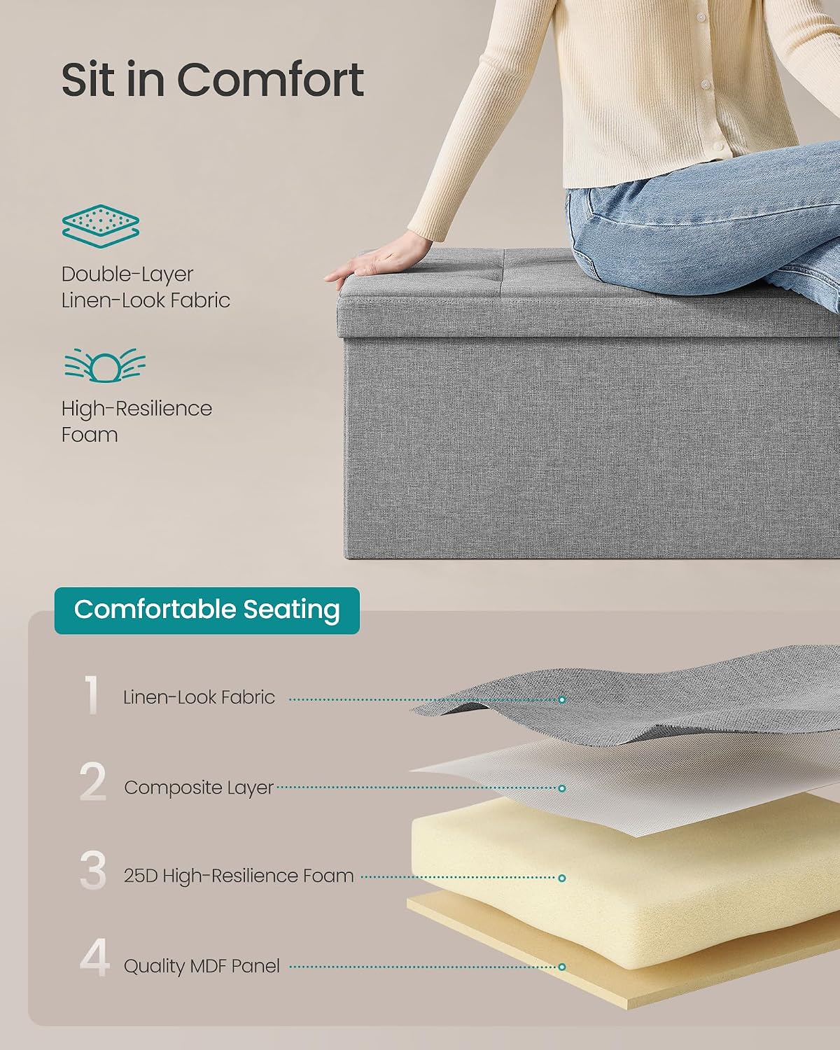 SONGMICS 43.3 Inches Folding Storage Ottoman Bench, Load 660 lb