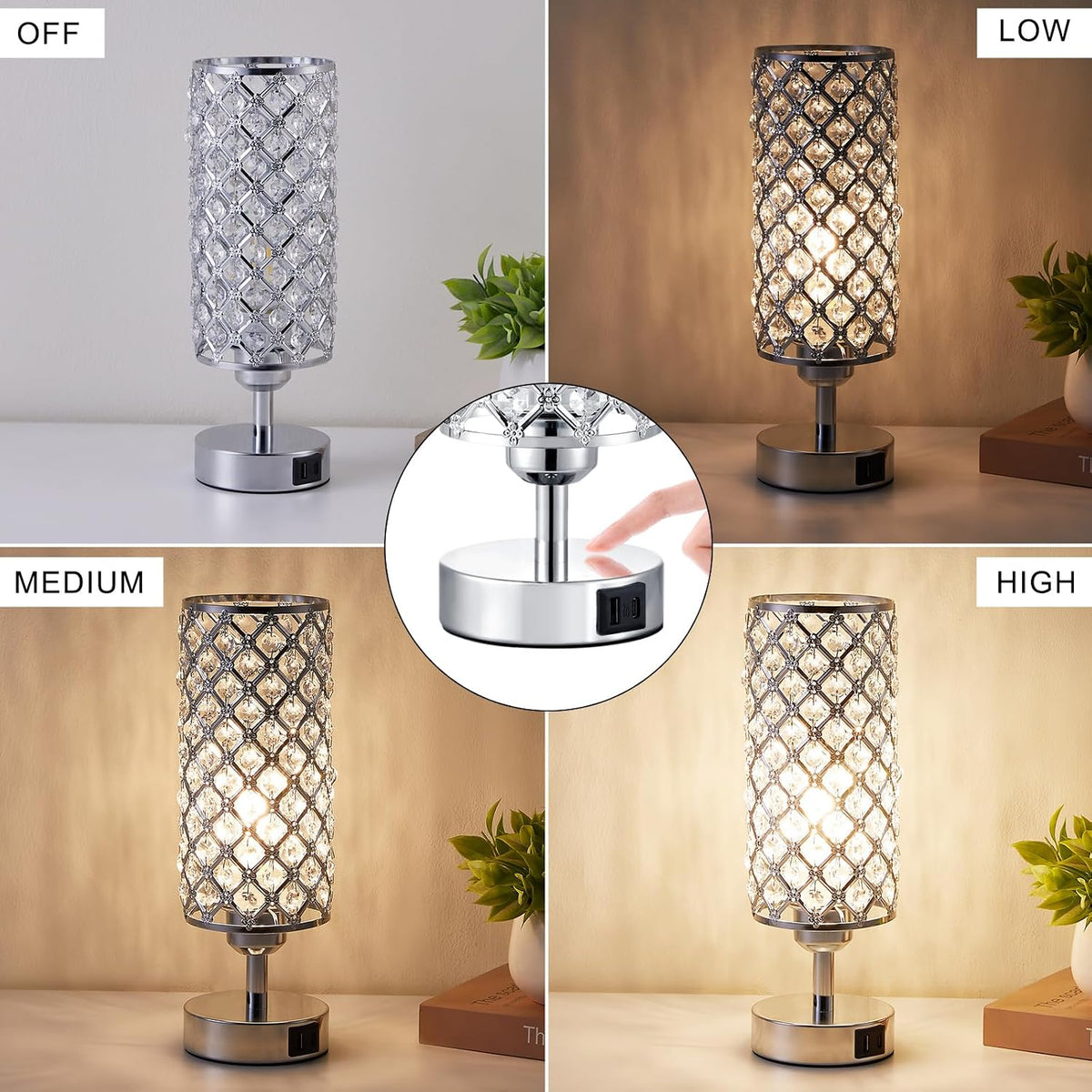 Sliver Crystal Table Lamp with Touch Control, Bedroom Light for Nightstand