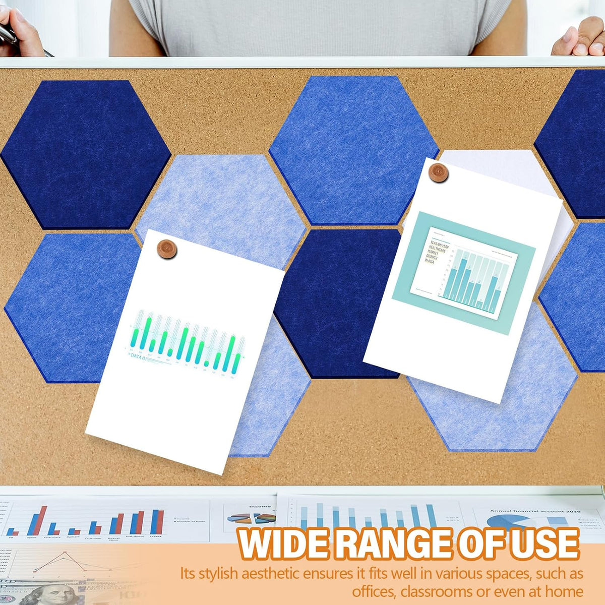 6.7 x 5.9 in 16 Pcs Hexagon Cork Board Tiles, Felt Pin Boards, Blue