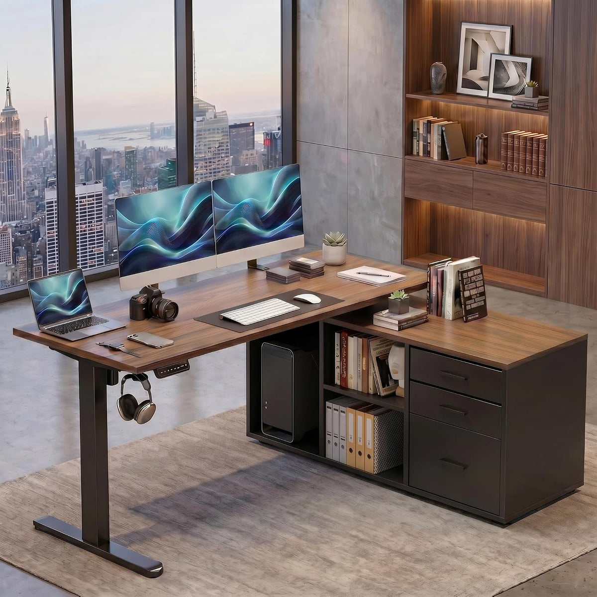 HUANUO 55″ L Shaped Standing Desk with Drawers, Height Adjustable,Walnut