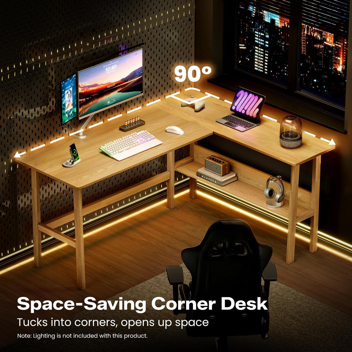 NELYE 63" Reversible L Shaped Desk with Shelf for Home Office, Oak