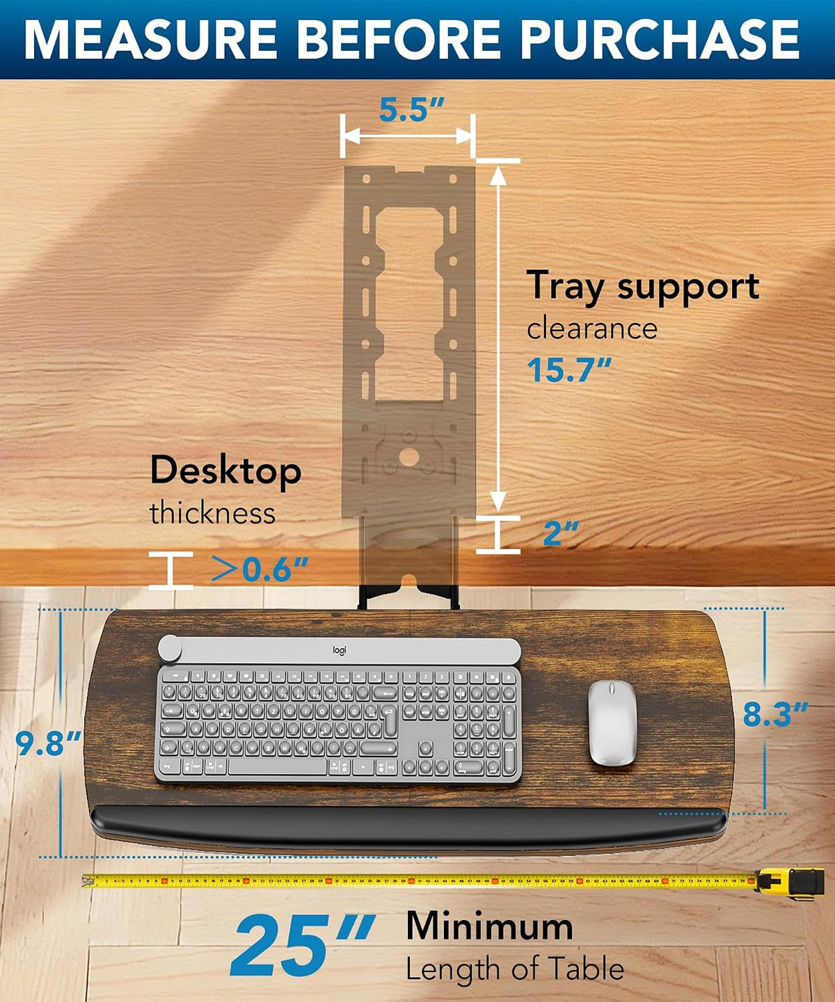 AX WABER Keyboard Tray Under Desk with Storage Drawer, Height Adjustable Keyb...