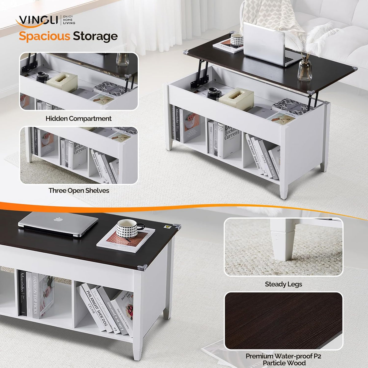 VINGLI Farmhouse Lift Top Coffee Table with Hidden Storage,40",White