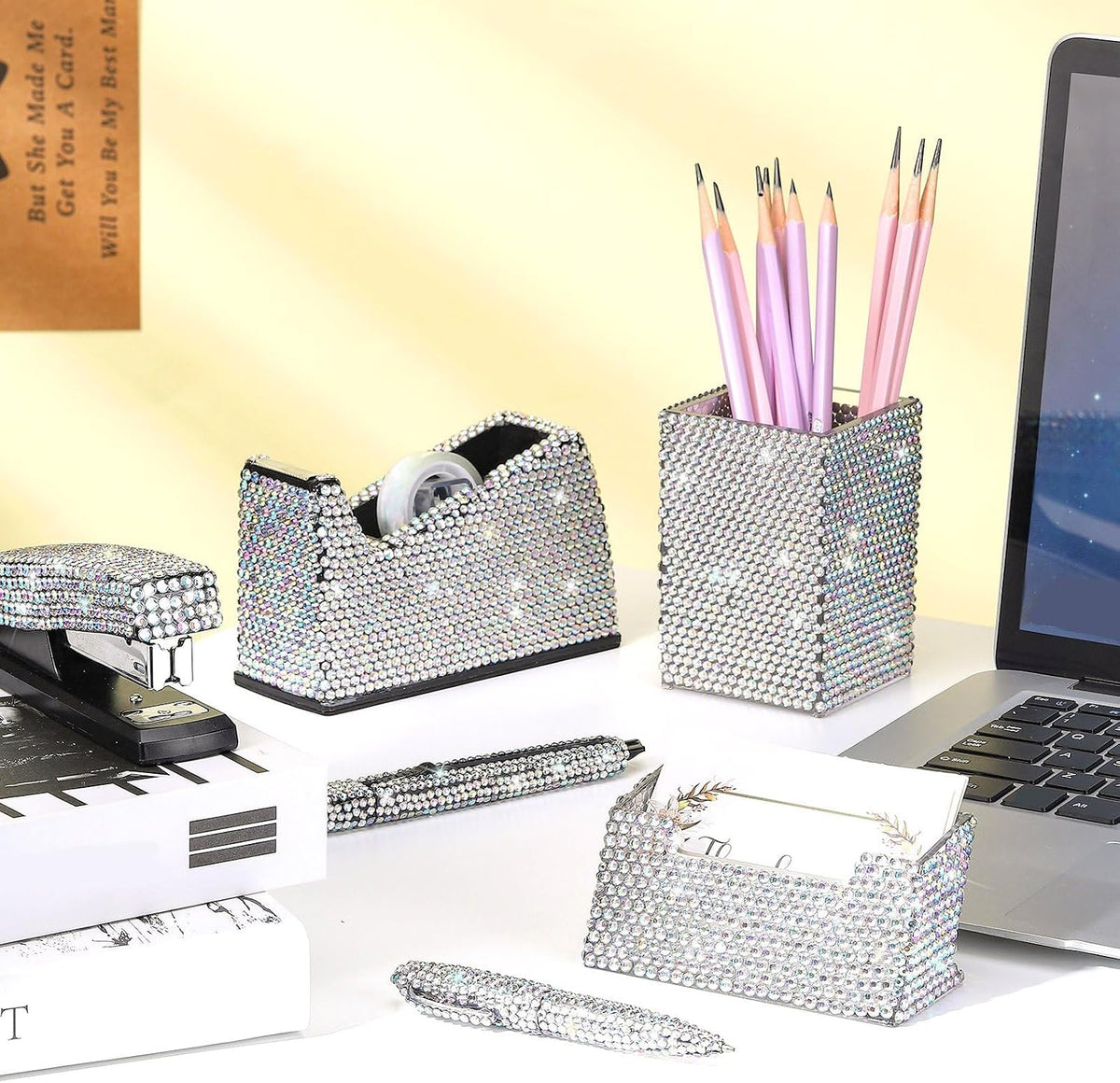 Demissle White 7 Pcs Bling Desk Accessories Set Office Kit for Women