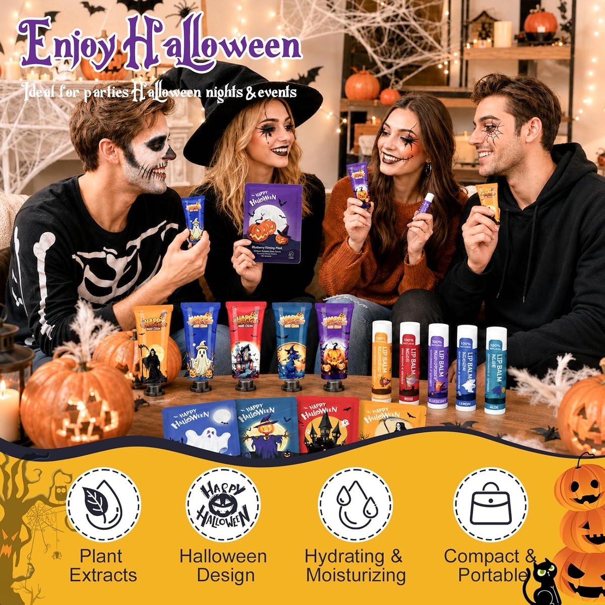 30 Pack Halloween Face Mask, Lip Balm & Hand Cream, Halloween Party Favors