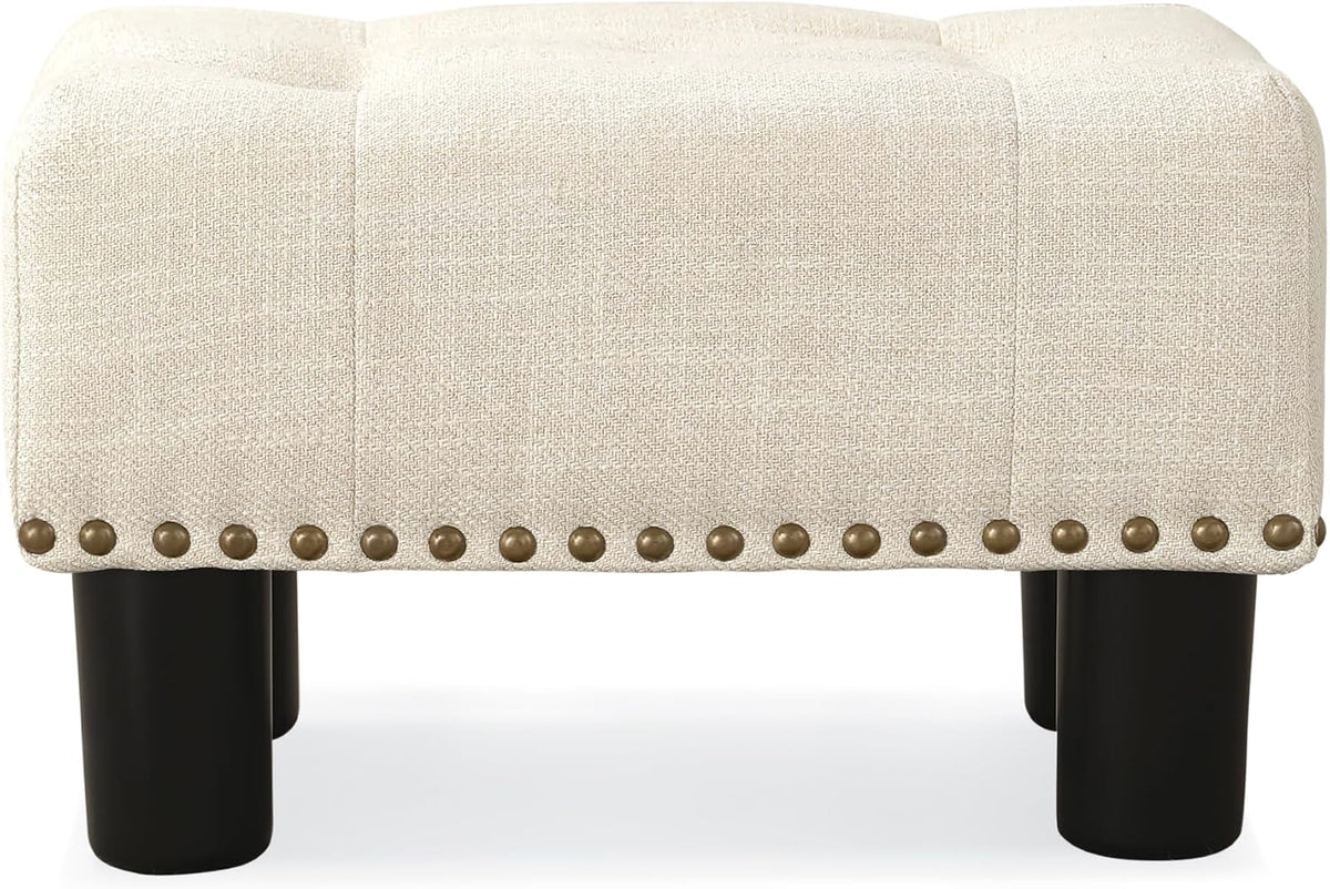 LUE BONA Small Tufted Foot Stool, Beige Linen Rivet Tufted Footrest with Plas...