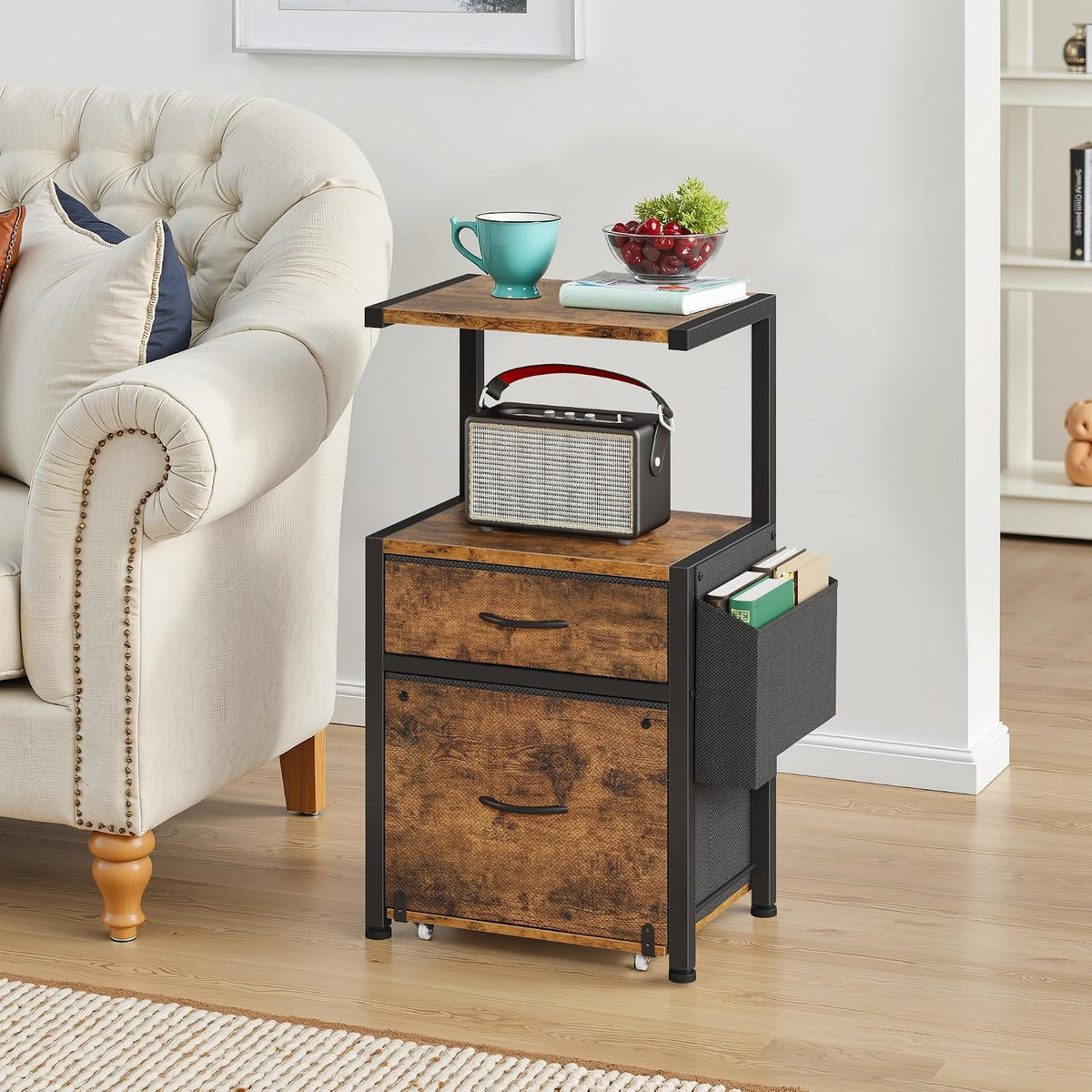HIGDBFE File Cabinet with 2 Fabric Drawers and Printer Stand, Rustic Brown