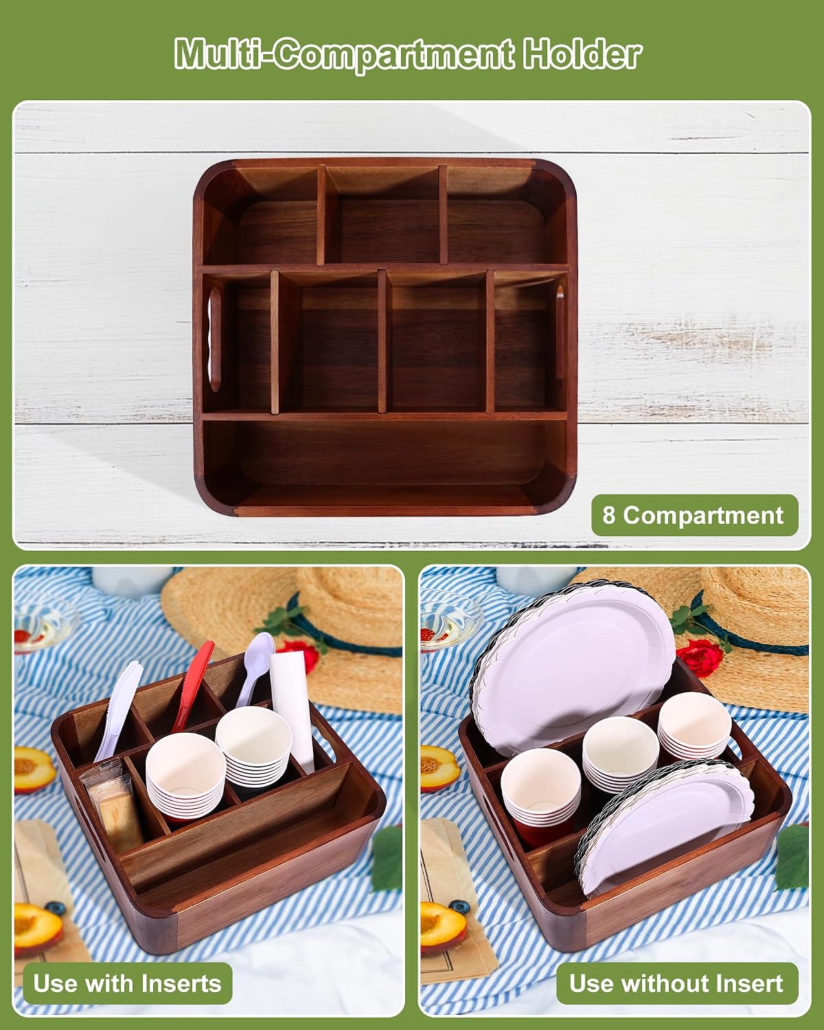 Acacia Wood Utensil Holder, Silverware Caddy for Countertop