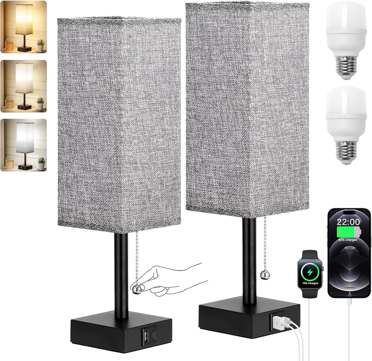 Set of 2 Grey Bedside Table Lamps for Bedroom - Nightstand Lamp, USB C+A