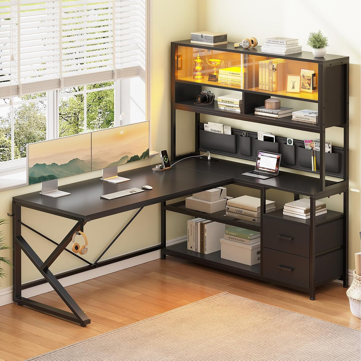 SEDETA L Shaped Gaming Desk with Storage Shelves, 2 Drawer, LED Light