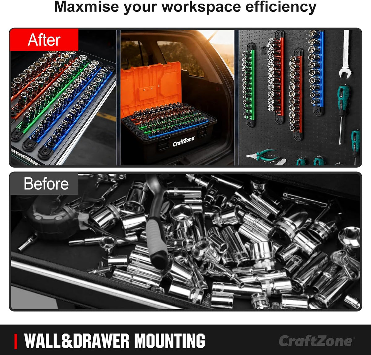 Magnetic Socket Organizer Set | 1/4" 3/8" 1/2" Socket Rail wit...