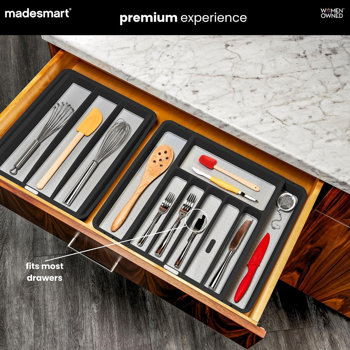 madesmart Classic Expandable Silverware Tray with Soft Grip, Carbon