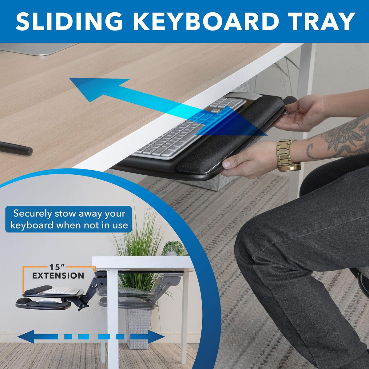 Mount-It! Under Desk Keyboard Tray with Wrist Rest, 15in Slide-Out, Black
