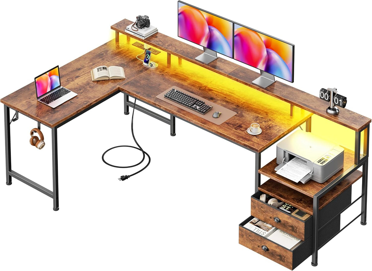 Korfile 57'' L Shaped Computer Desk with Storage Drawers, Power Outle...