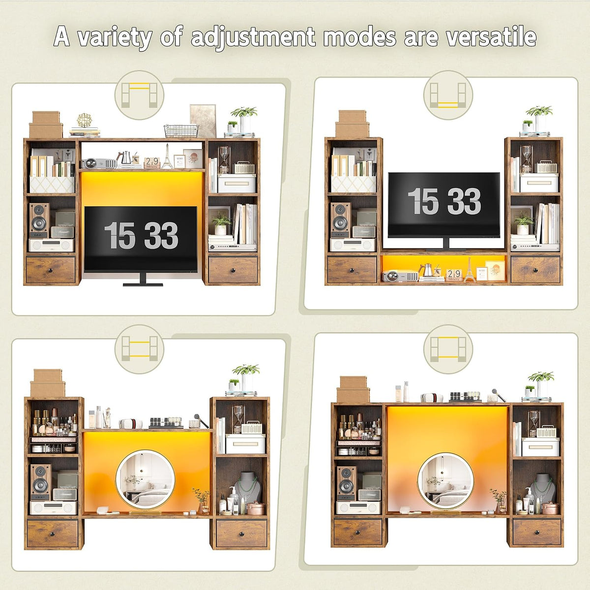 REIBII 47.2" Desktop Bookshelf, 6 Shelves & 2 Drawers, LED Lights, B...