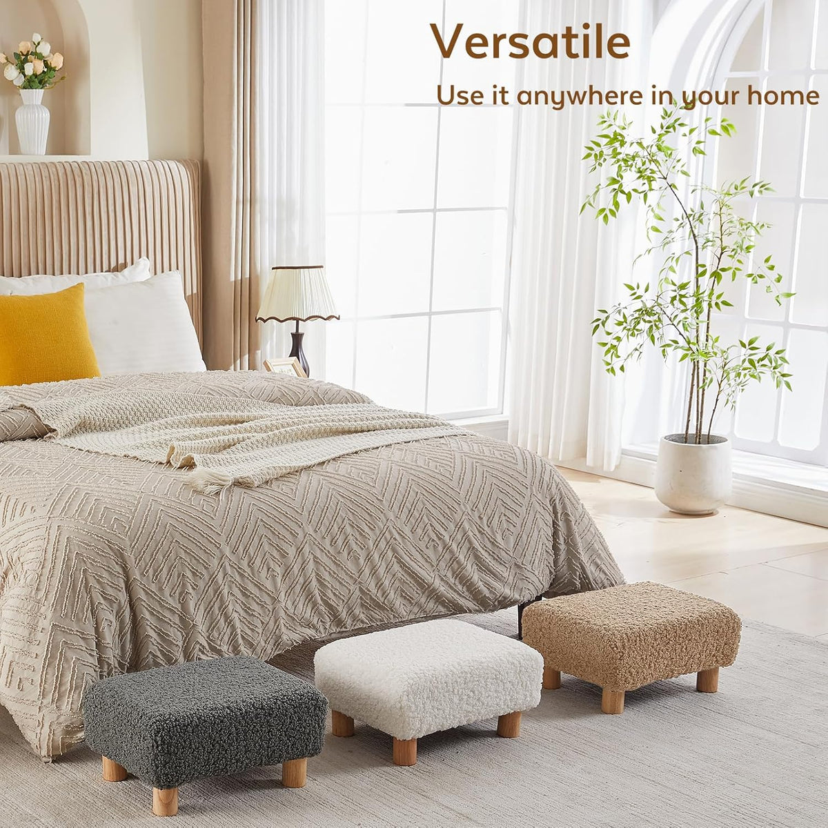 Small Foot Stool Ottoman, Sherpa Footstool Ottoman Foot Rest for Couch, Recta...