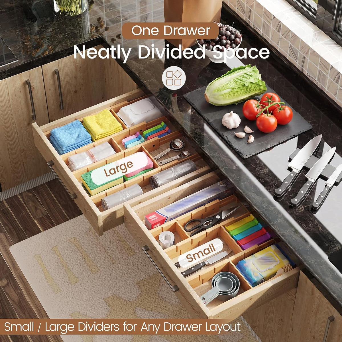 Bamboo Drawer Dividers 8 Pack with Inserts, Kitchen Adjustable Drawer Organiz...