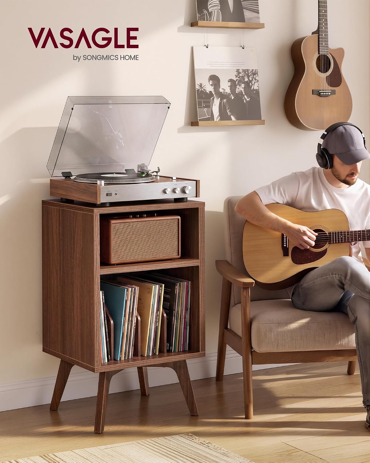 VASAGLE End Table, Mid-Century Record Player Stand, Holds 160 Albums