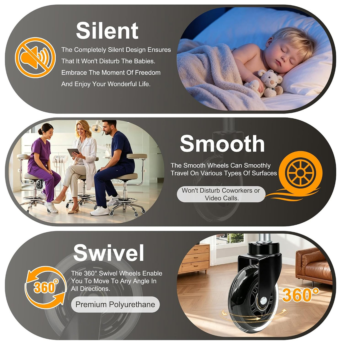 Rubber Caster Wheels Set of 5 – Replacement for Office Chairs