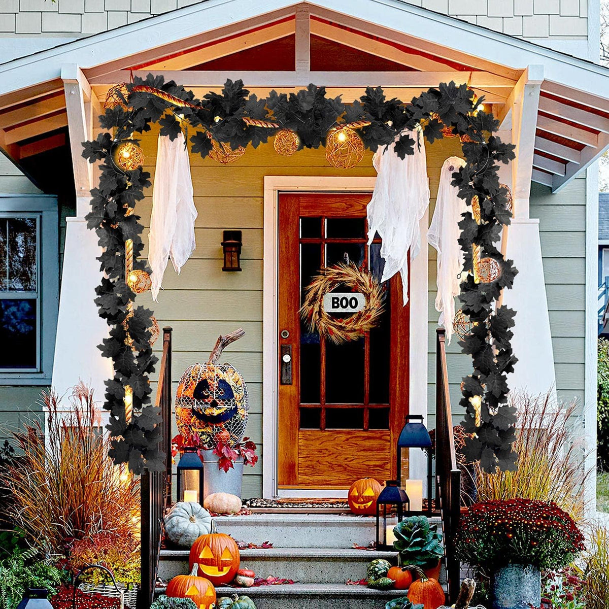 Black Leaf Garland, 12PCS Halloween Artificial Hanging Fall Maple Vines