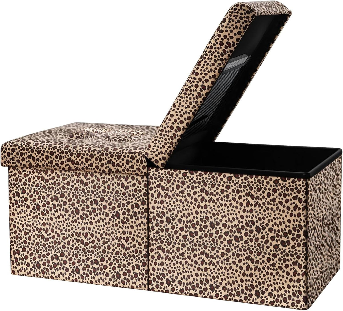 AmasSmile Footrest Ottoman Storage Bench,34" Velvet Folding Chest,Leopard
