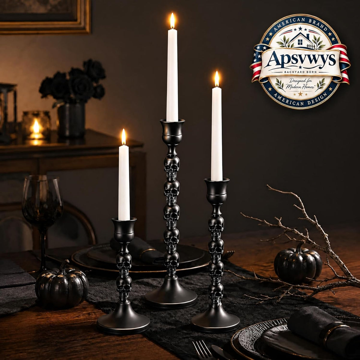 Skull Candle Holder, Gothic Taper Candlestick for Halloween, 6 Pack