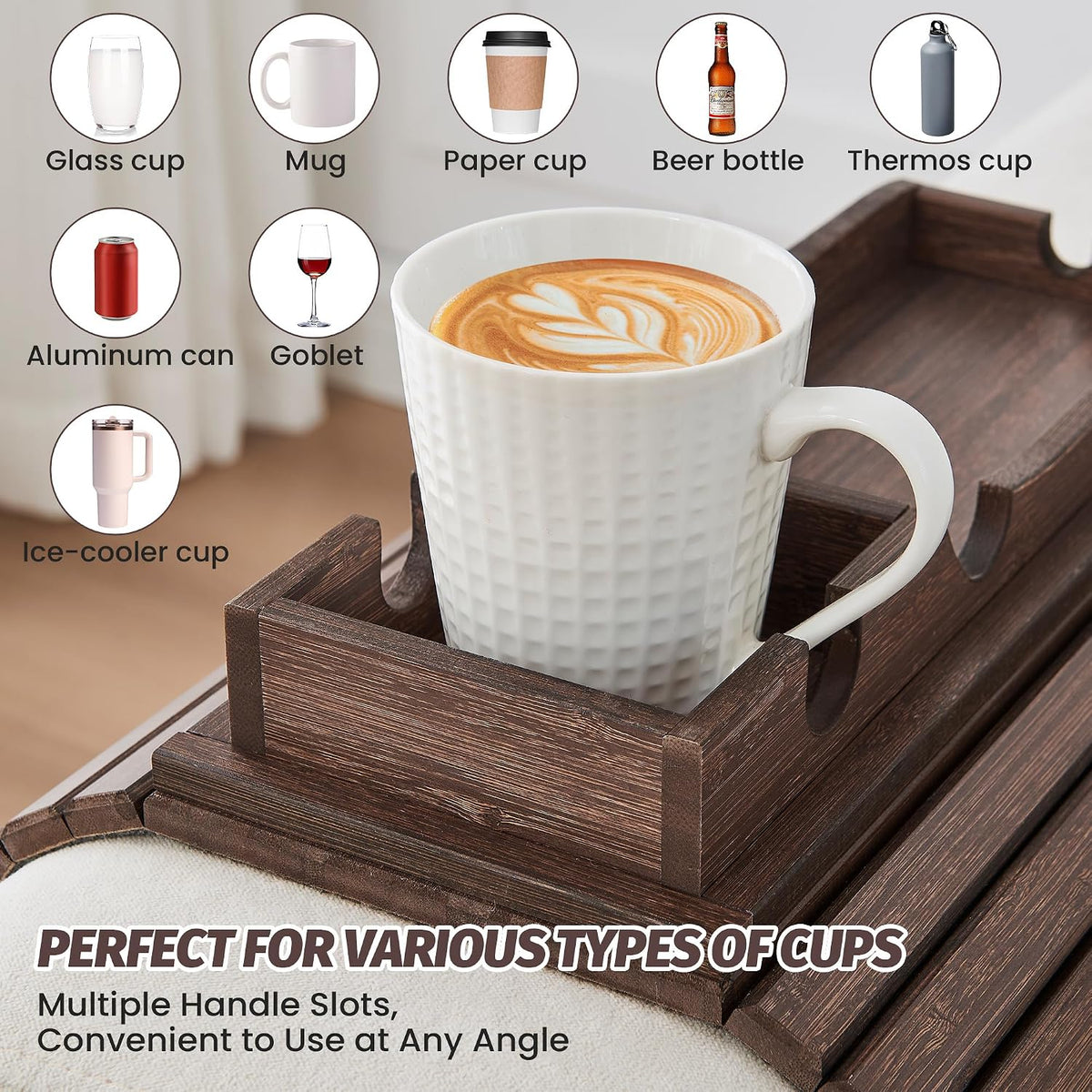 GEHE Detachable Couch Cup Holder, Anti Falling Sofa Arm Tray, Natural Bamboo ...