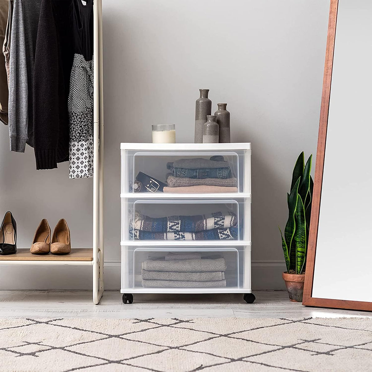 IRIS USA 3-Drawer Wide Storage Cart with Wheels, Organizer, White