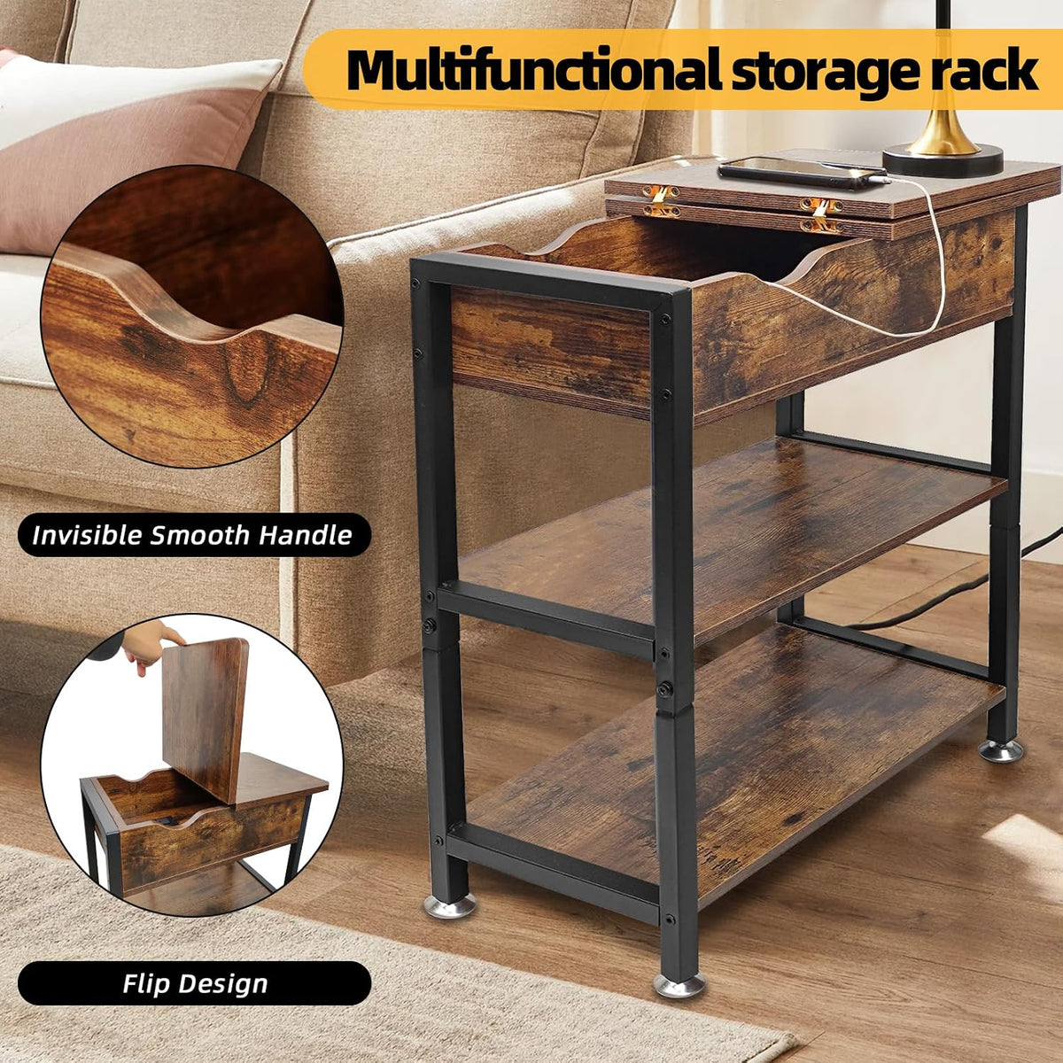 Flip Top End Table with Hidden Charging Station, 12" D x 21" W x 26...