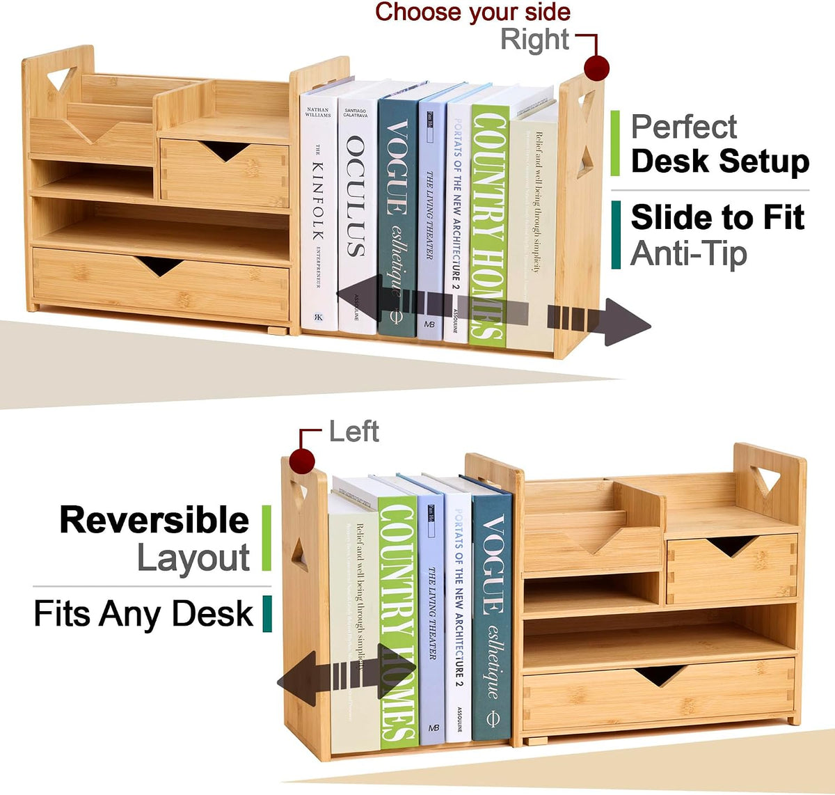 Pandorama Bamboo Desk Organizer Medium - Drawers & Adjustable File Holder...