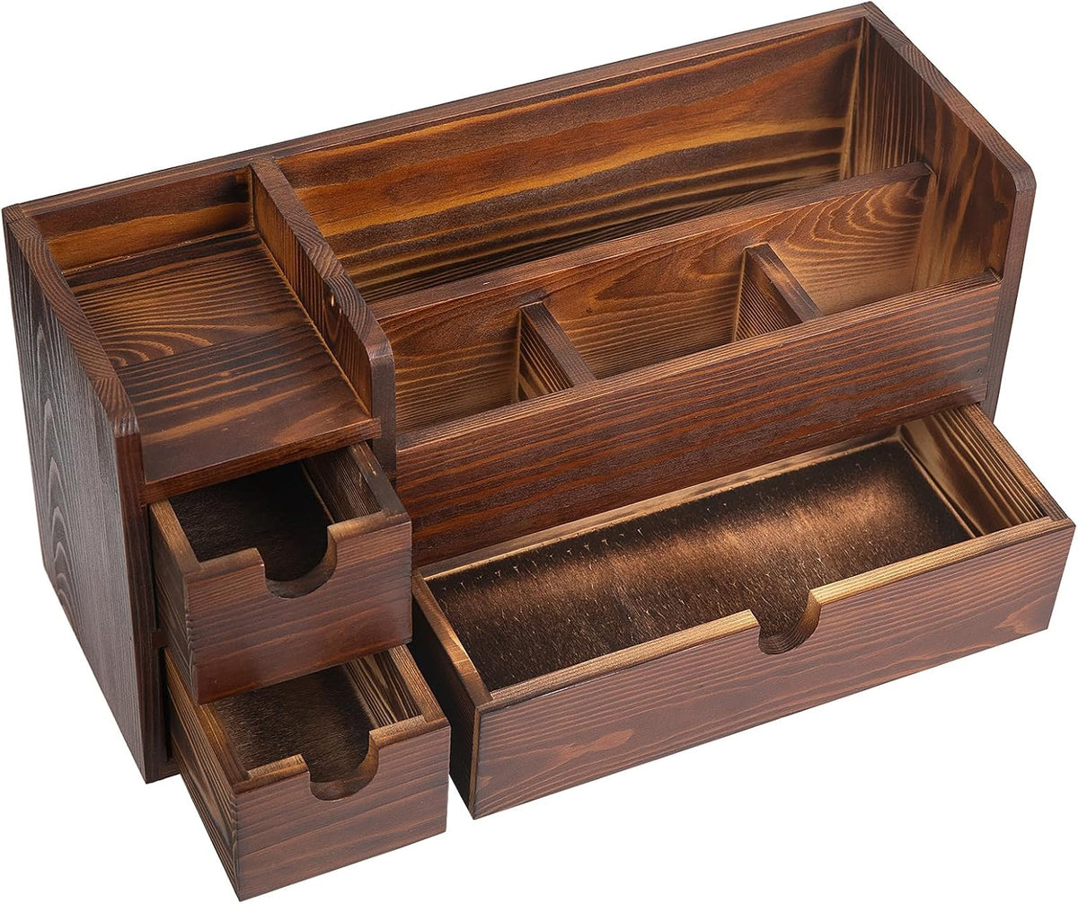 Rustic Brown Wooden Desktop Organizer Drawers Removable Office Supplies Torch...