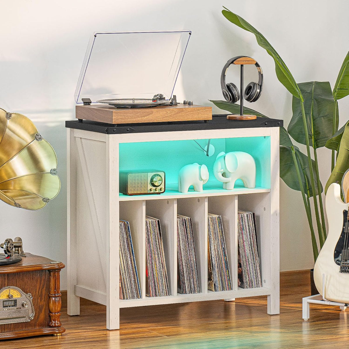 Joaxswe Large Record Player Stand with Charging Station & LED Lights, Vin...