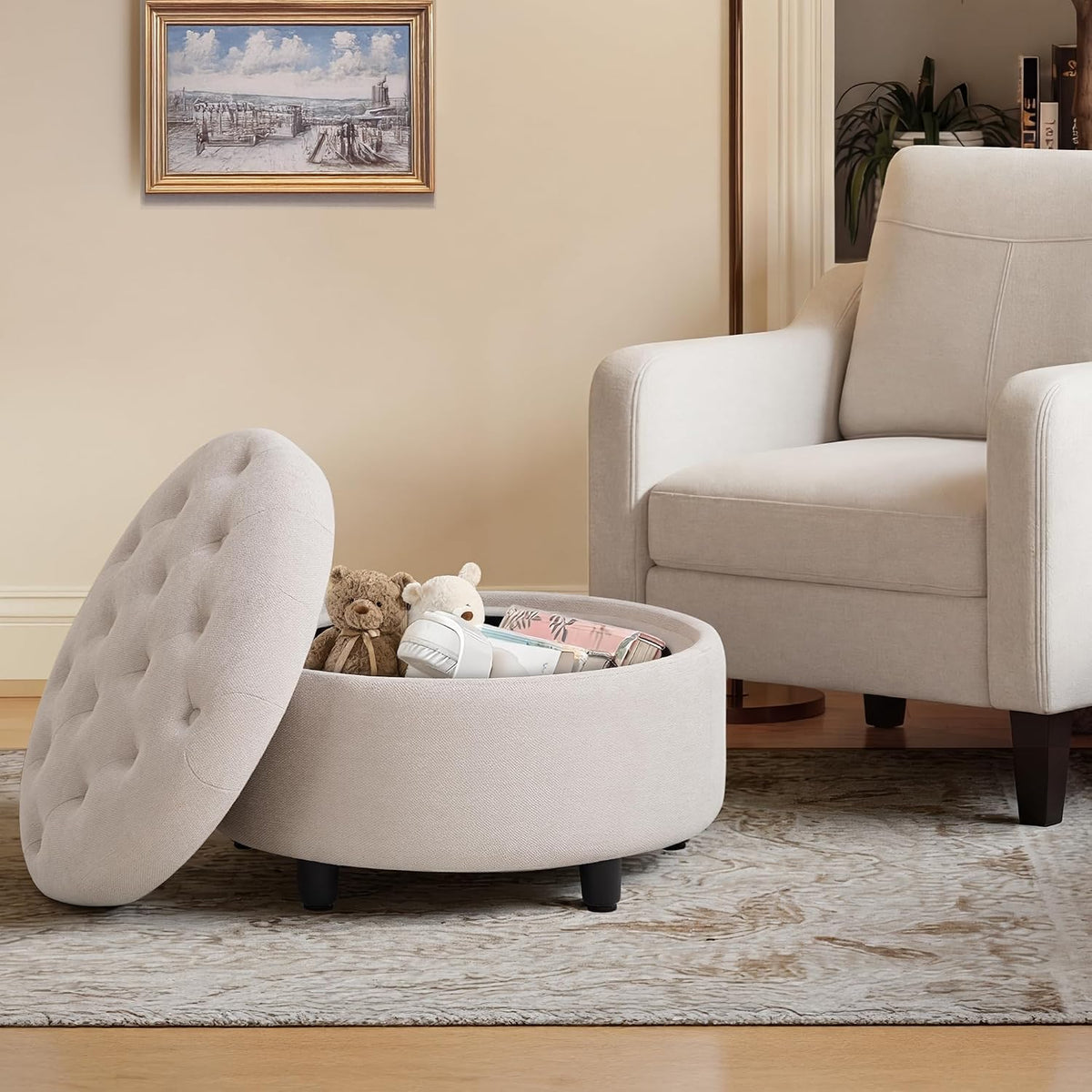 COLAMY Fabric Round Storage Ottoman with Reversible Tray Lid – Multi-Function...