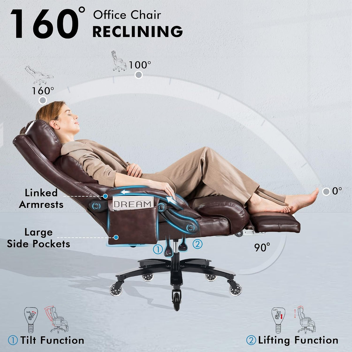 Big and Tall Ergonomic Massage Office Chair with Footrest, PU Leather Brown