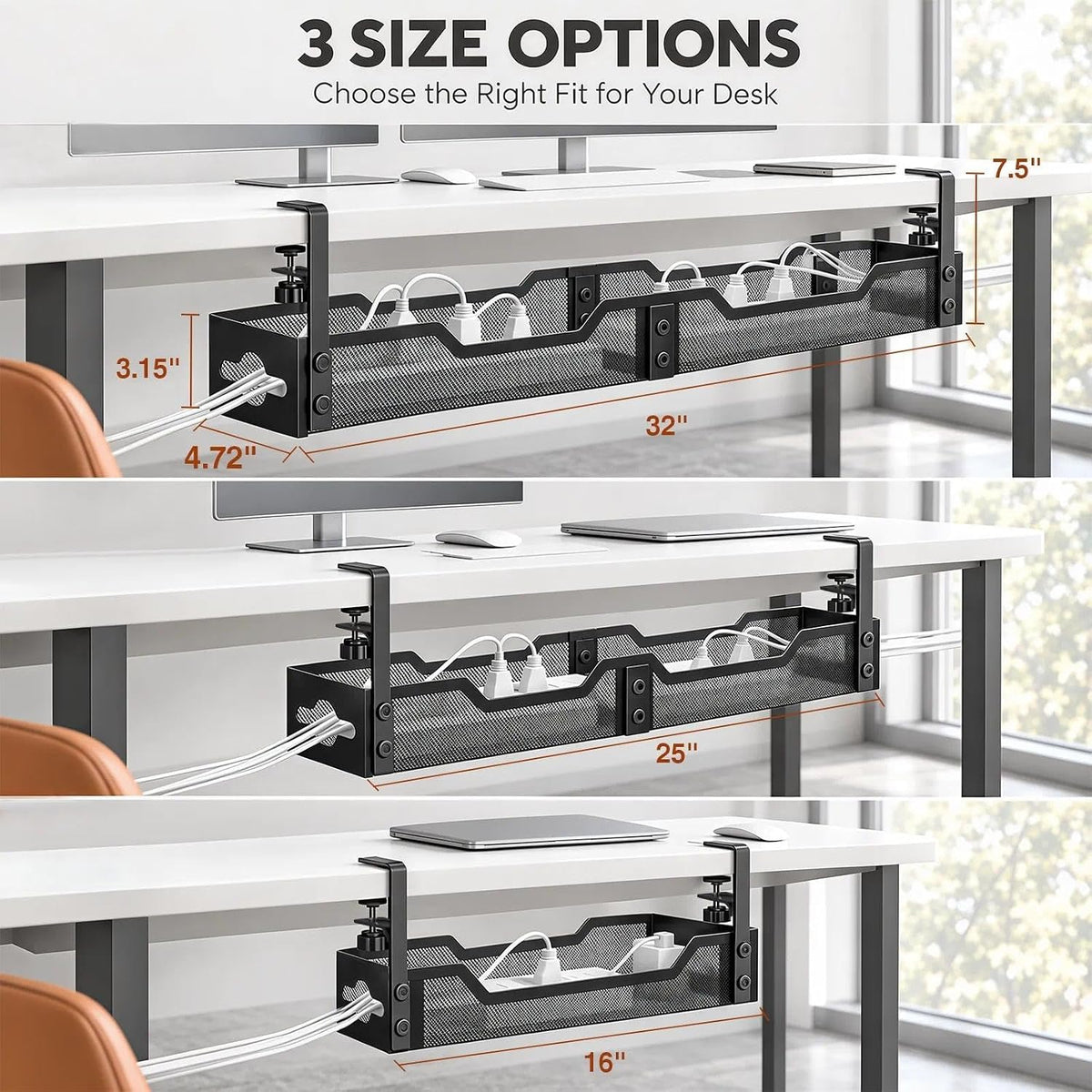 32" Under Desk Cable Management Tray, Quszmd Wire Organizer No Drill, Black