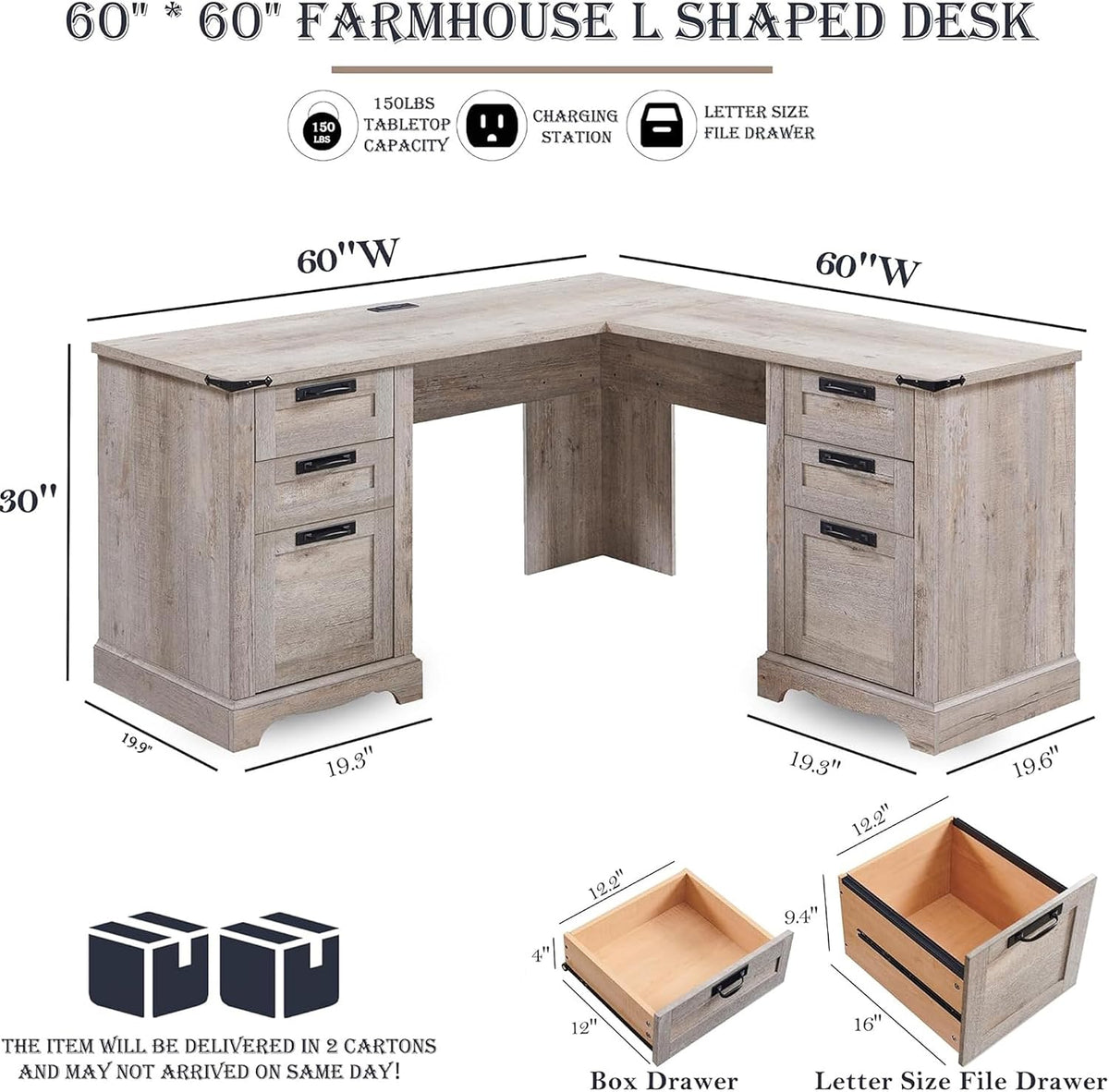 RedLemon 60" Farmhouse L Shaped Executive Desk, Light Rustic Oak