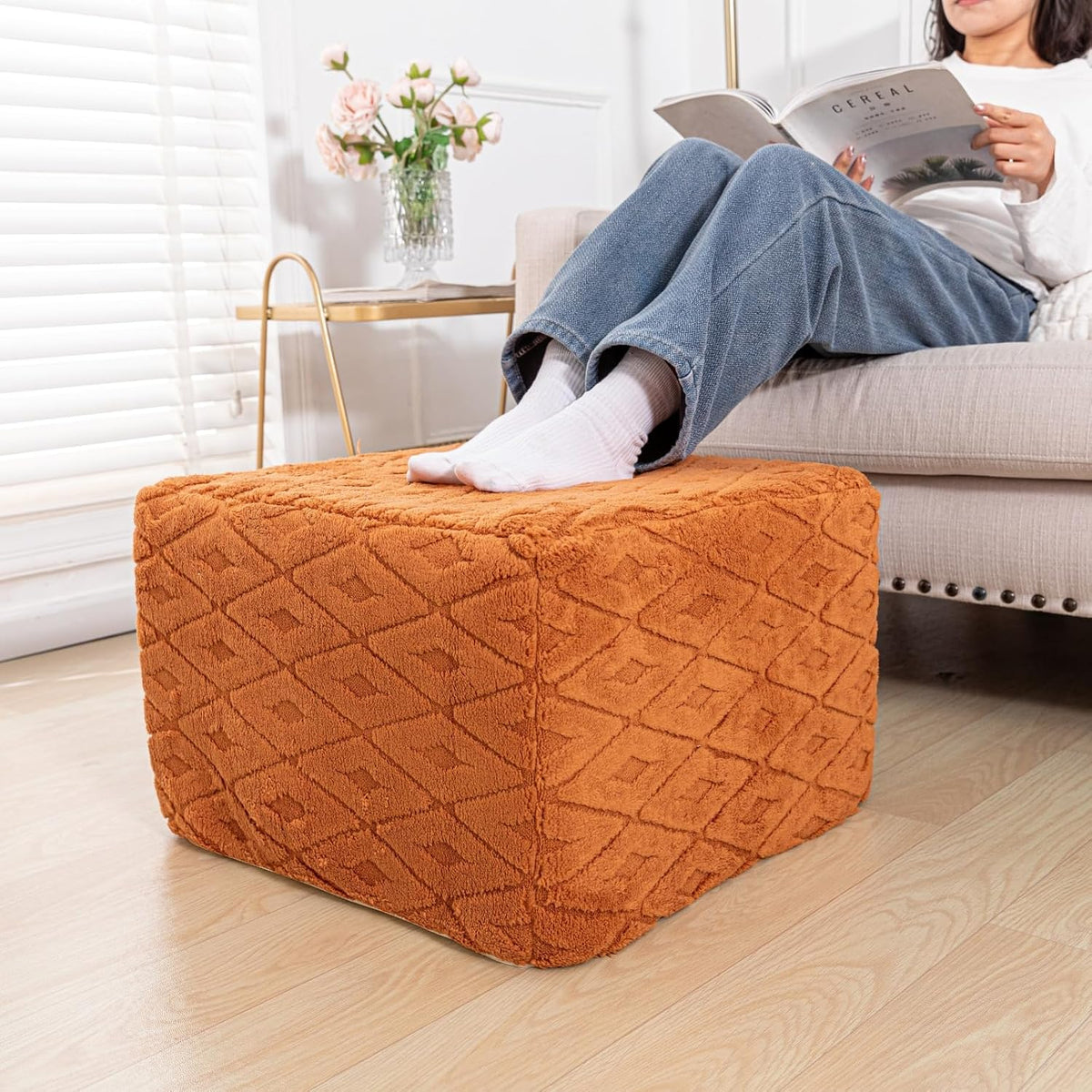 Square Ottoman Pouf,Couch FootRest,Footstool,Orange, 20x20x14 in