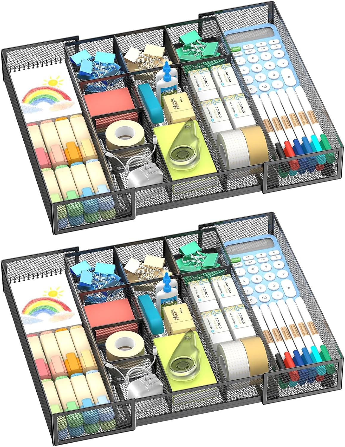 2 Pack Expandable Desk Drawer Organizer, 10 Compartments, Black