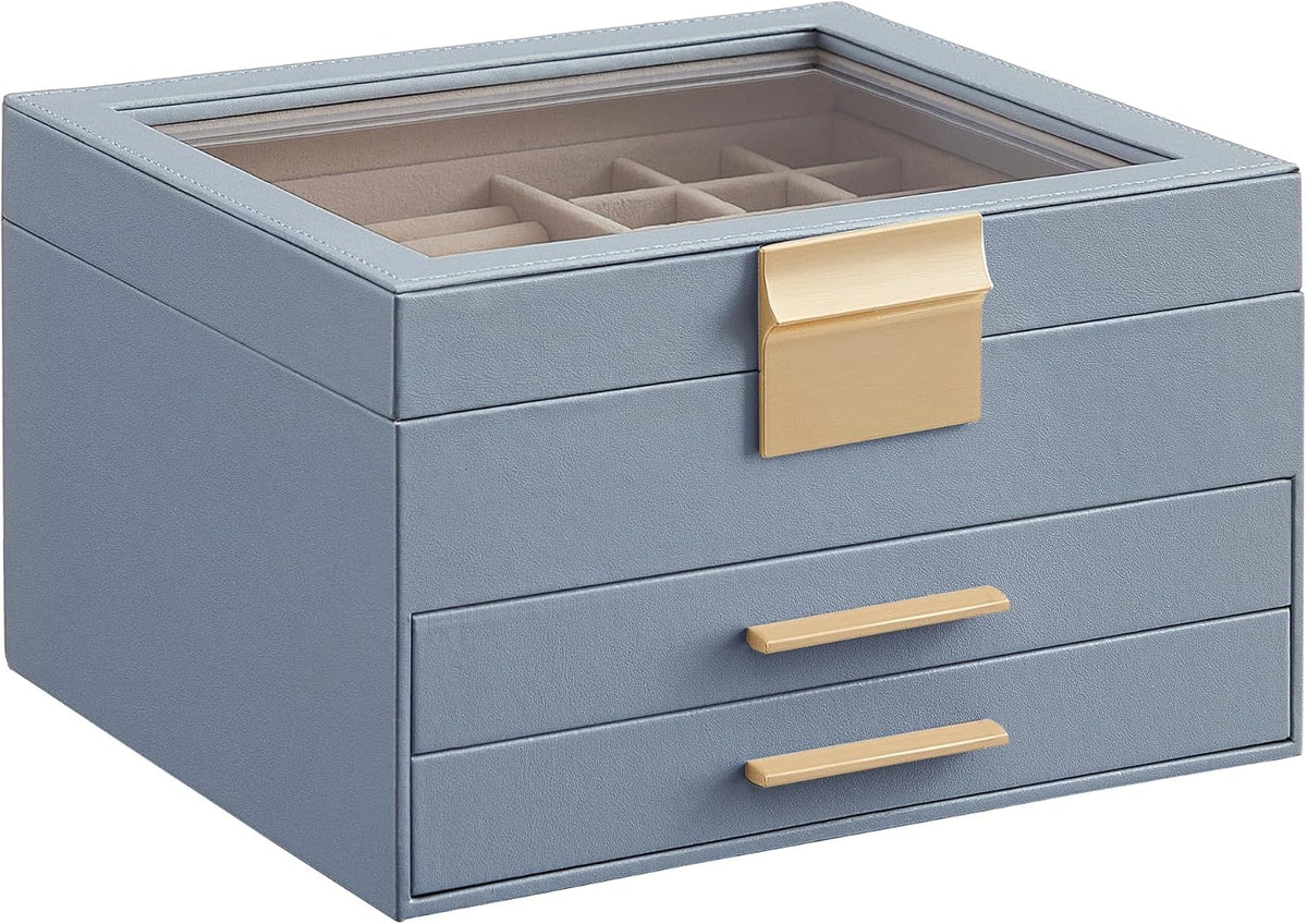 SONGMICS Jewelry Box Organizer, 3-Layer Storage with 2 Drawers, Glass Lid
