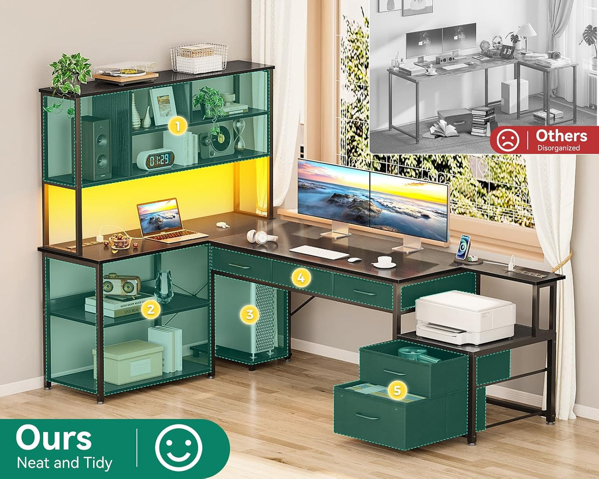 AODK 79 inch L Shaped Desk with 5 Drawers, LED Light & 2 Power Outlets