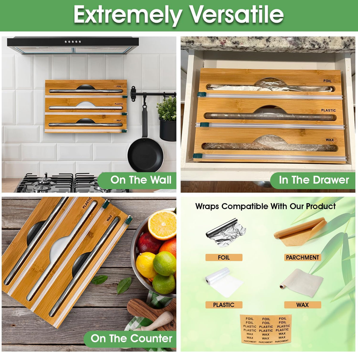 3-in-1 Bamboo Wrap Organizer with Cutters, Labels, Interior Holders, Anti-Sli...